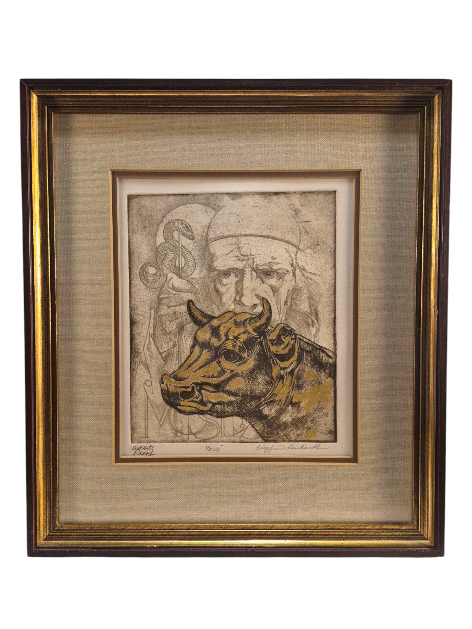 Curated Vintage Design framed artist proof print of Moses by Siegfried Reinhardt with a dark wood and gold frame.