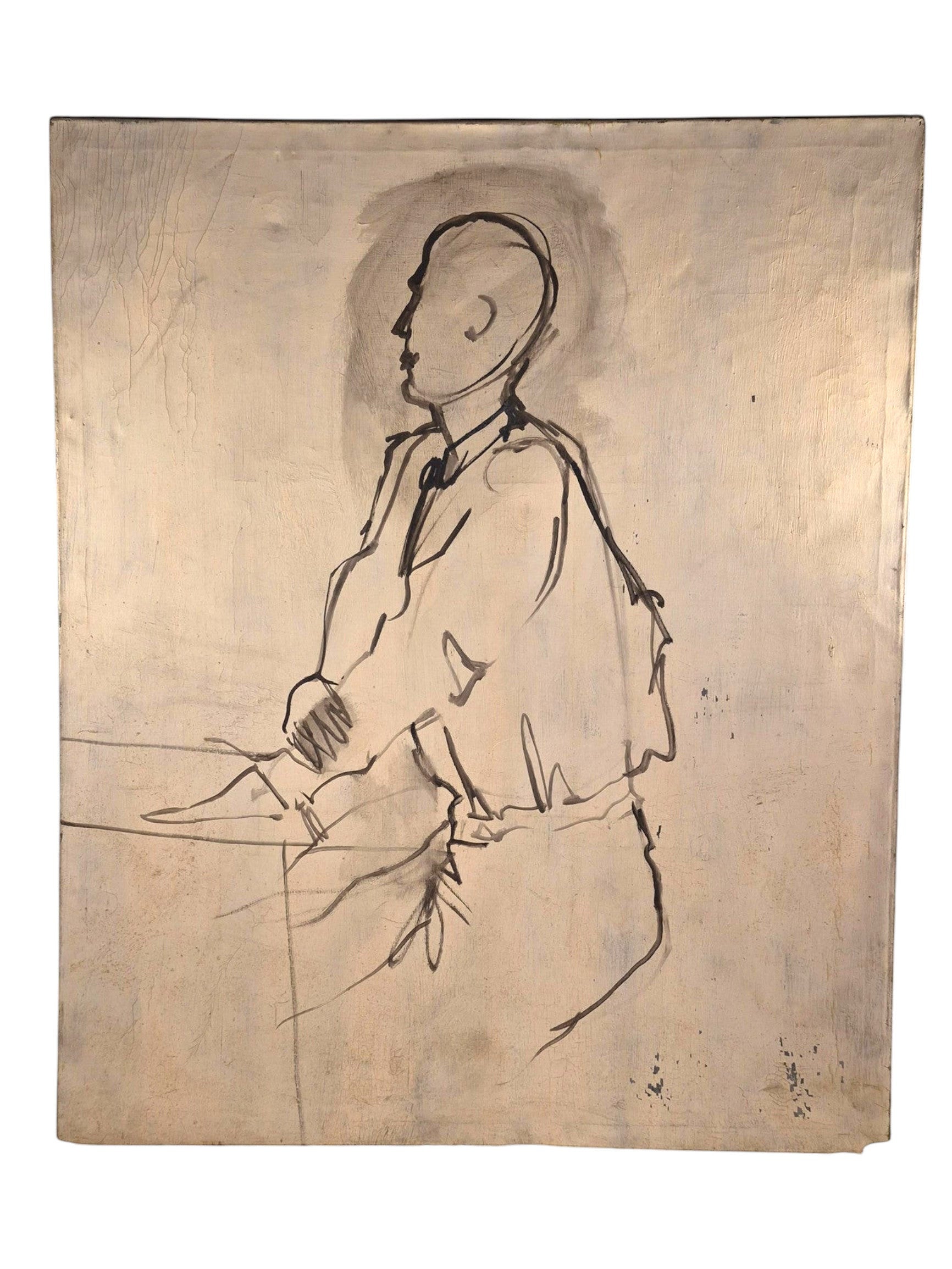 Curated Vintage Design large stretched canvas featuring a minimalist black ink figure sketch on a textured surface.