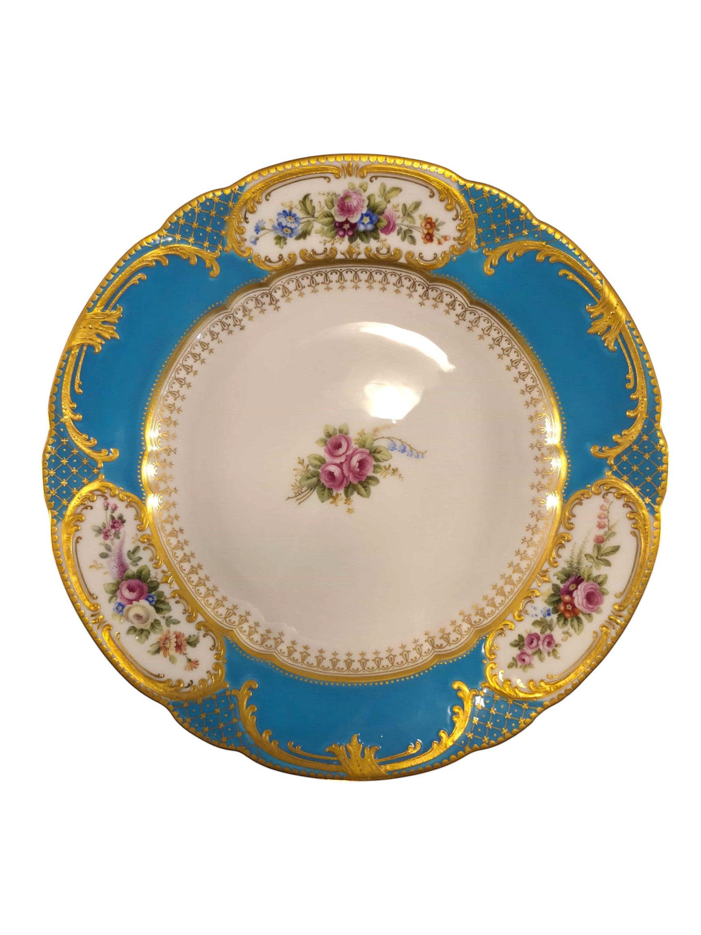 Curated Vintage Design ornate porcelain plate with turquoise border, gold filigree, and hand-painted floral accents.