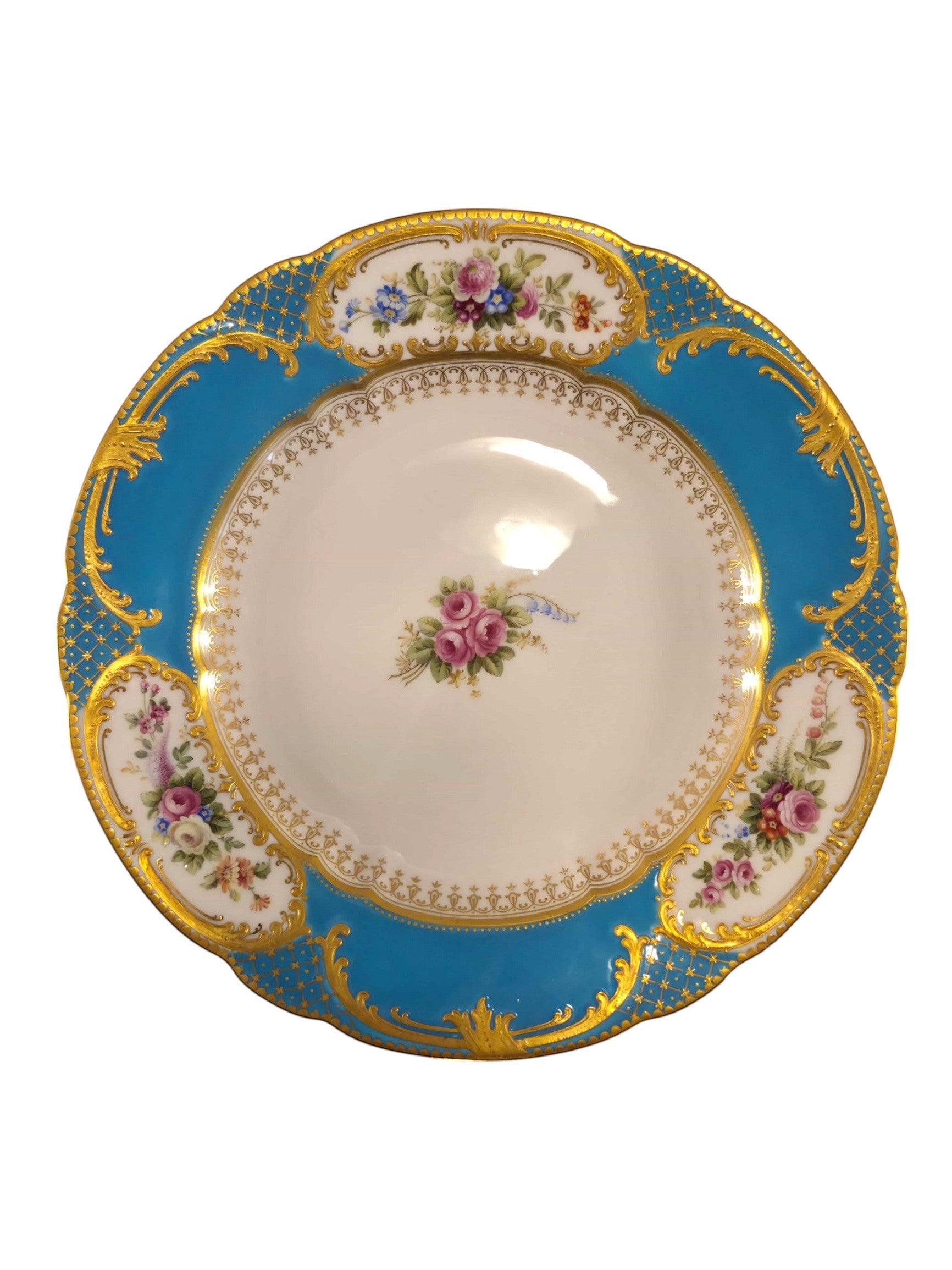 Curated Vintage Design ornate porcelain plate with turquoise border, gold filigree, and hand-painted floral accents.
