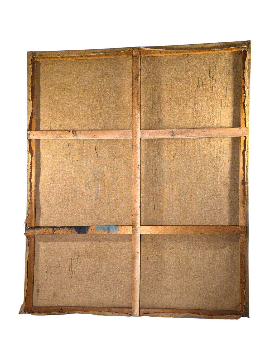 Back view of a large Curated Vintage Design stretched canvas on a wooden frame with rustic, aged texture.