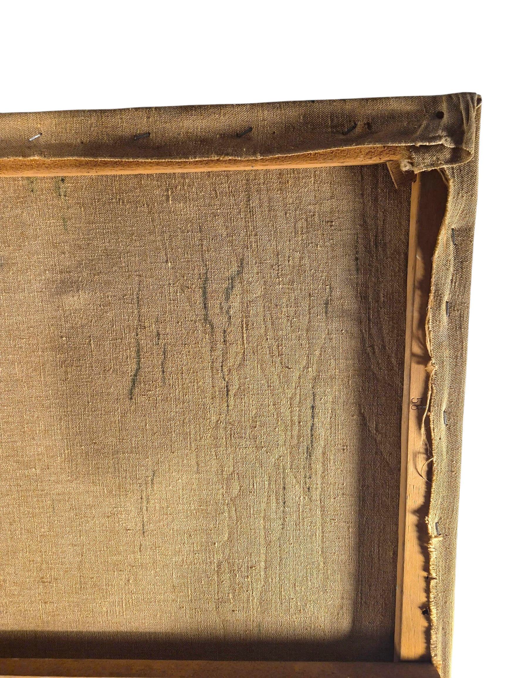 Curated Vintage Design stretched canvas with heavy-duty textured weave on a wooden frame, showing rustic back detail.